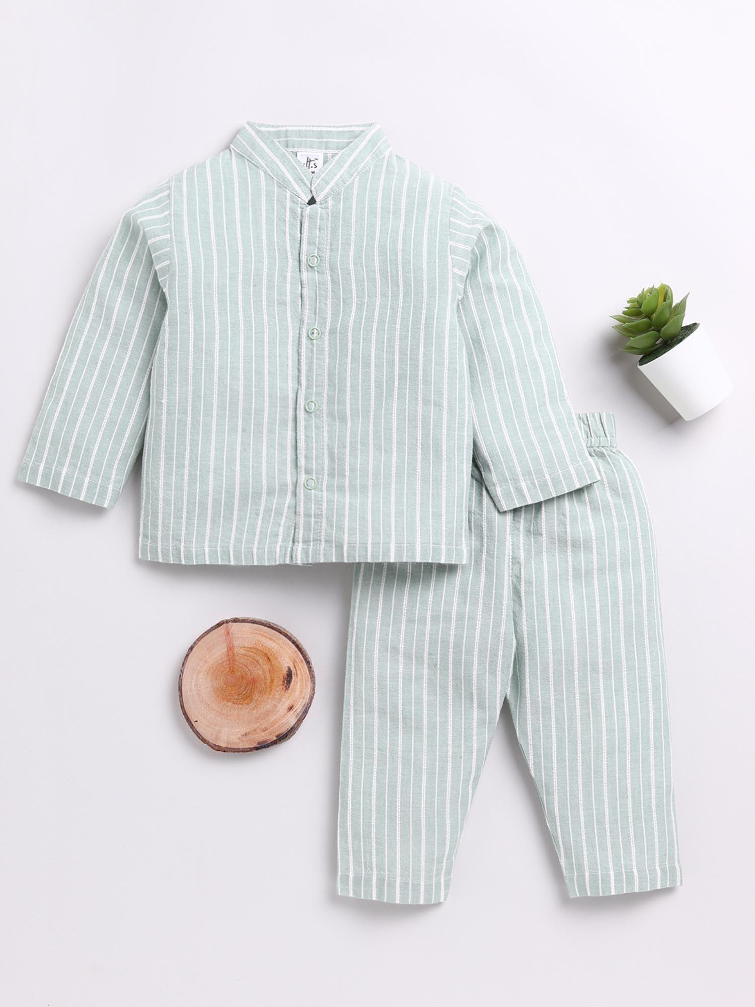 striped green full sleeve night suit (set of 2)