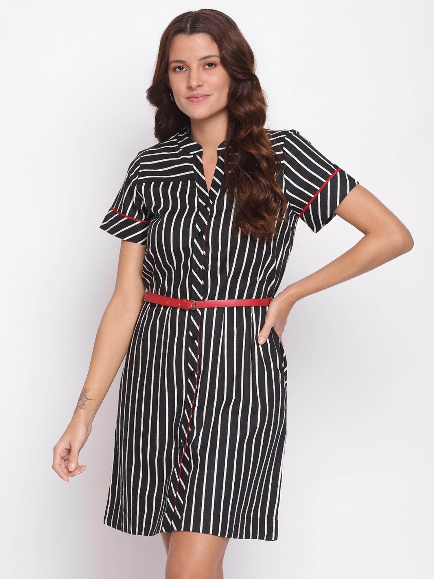 striped half sleeve casual fit & flare dress black (set of 2)