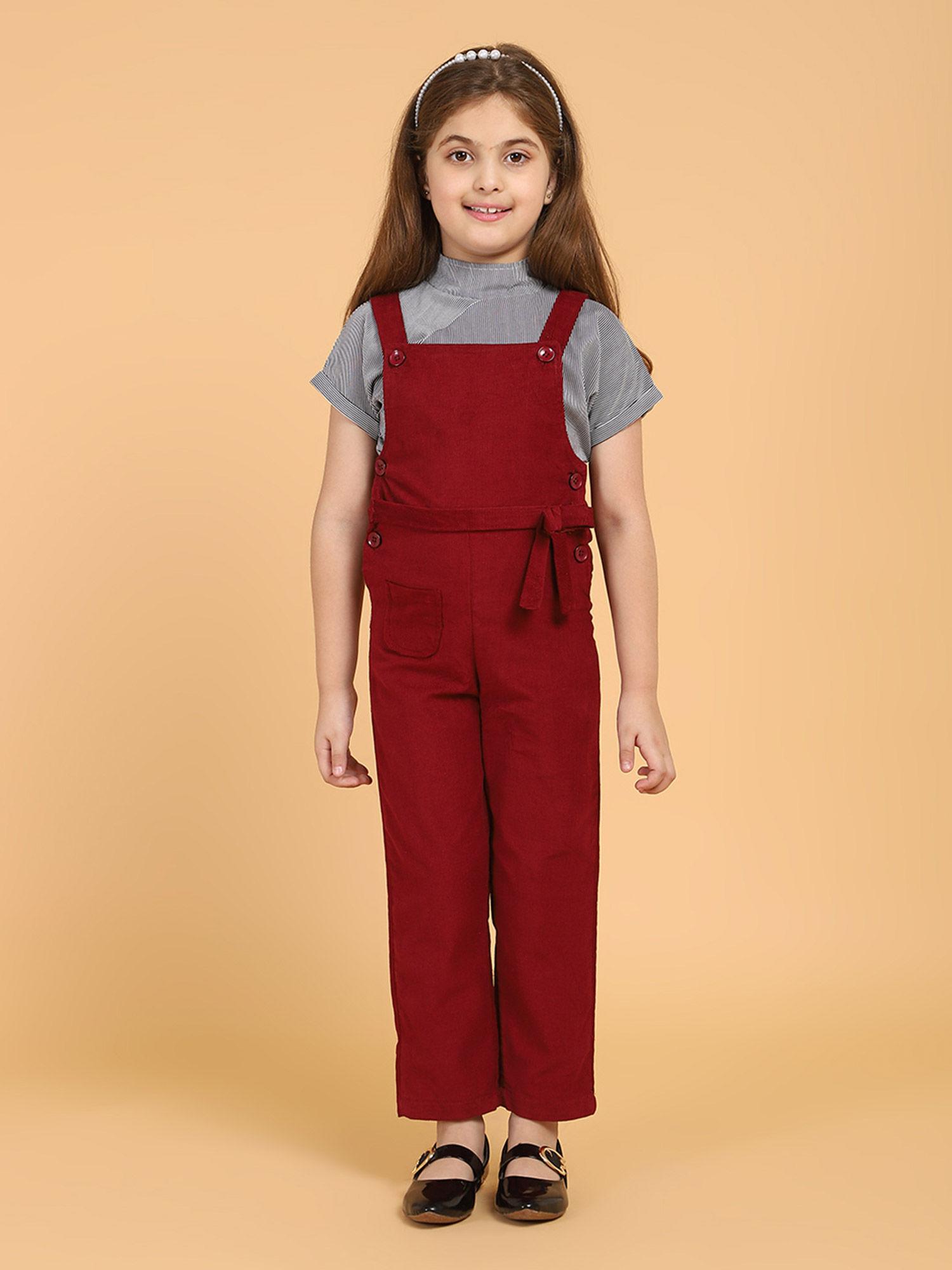 striped half sleeves tee with dungaree maroon (set of 2)