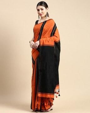 striped handloom gicha cotton silk saree with tassels