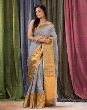 striped handloom linen saree with tassels