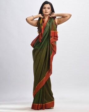 striped handwoven jamdani saree with tassels