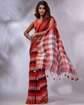 striped handwoven saree with tassels
