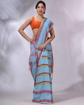 striped handwoven saree with tassels