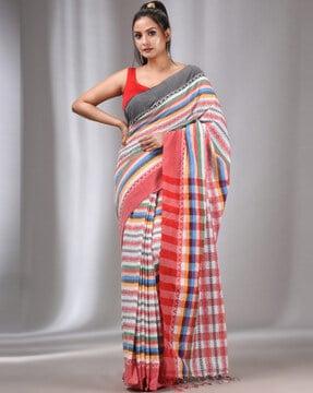 striped handwoven saree with tassels