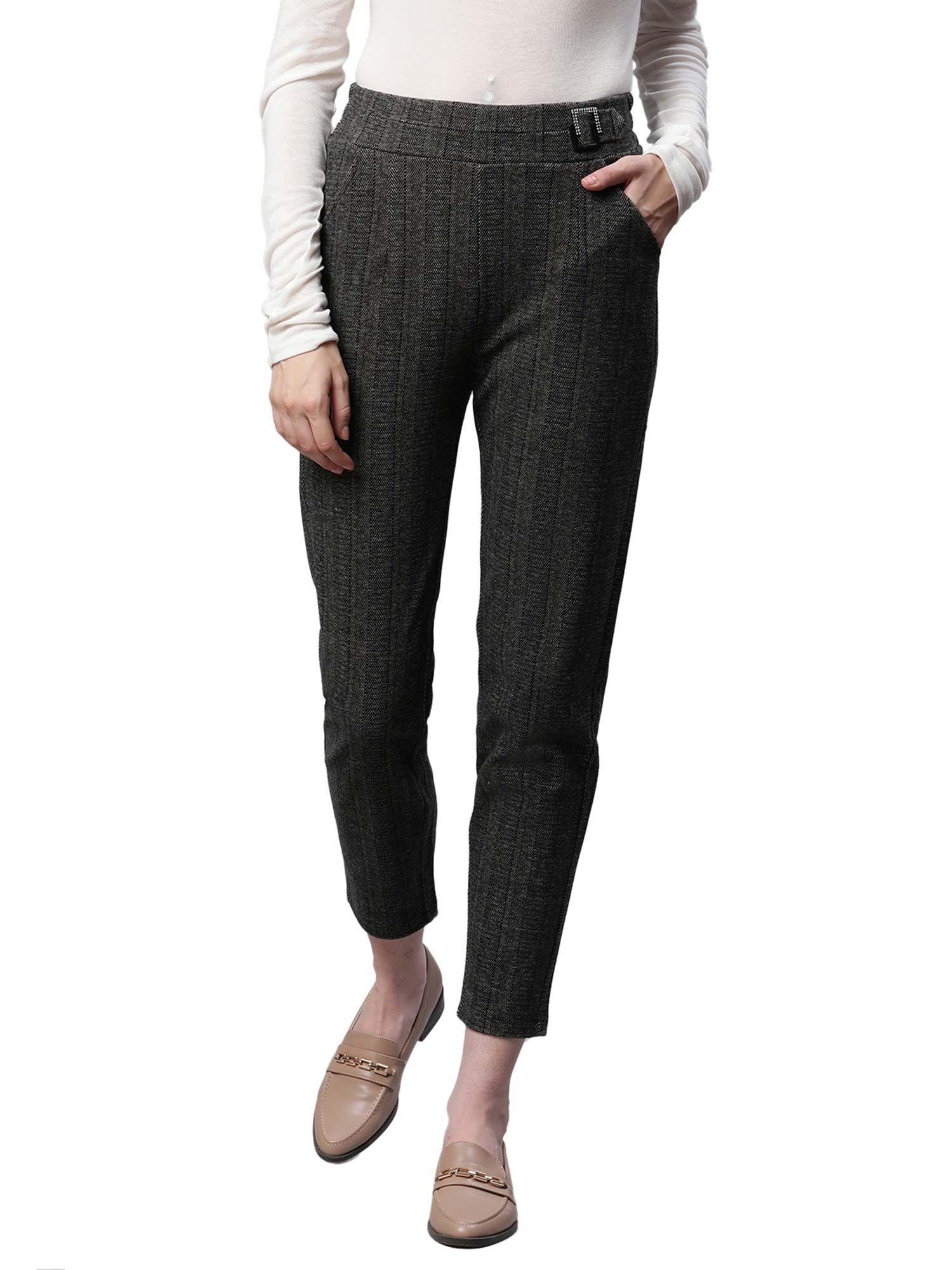 striped high rise grey straight trousers