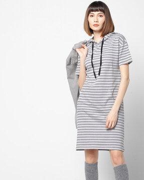 striped hooded dress with insert pockets