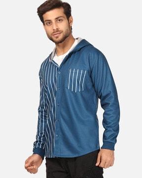 striped hooded shirt with patch pocket