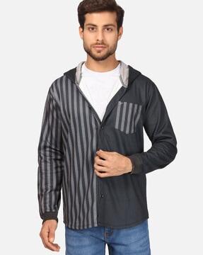 striped hooded shirt with patch pocket