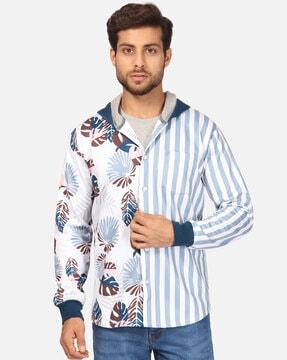 striped hooded shirt with patch pocket