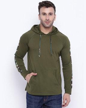 striped hooded t-shirt with kangaroo pocket