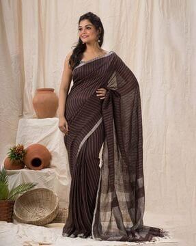 striped jamdani saree with fringes