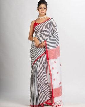 striped jamdani saree with tassels