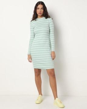 striped jersey round-neck a-line dress