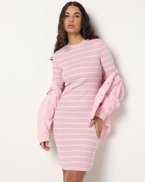 striped jersey round-neck a-line dress