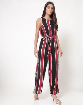 striped jumpsuit with attached waist tie-up