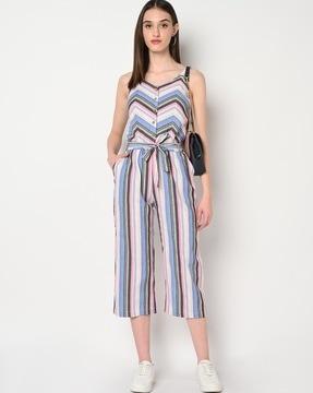 striped jumpsuit with belt