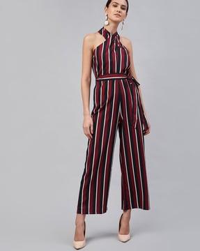 striped jumpsuit with detachable belt