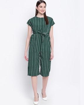 striped jumpsuit with fabric belt