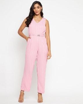 striped jumpsuit with metal accent