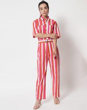 striped jumpsuit with patch pockets