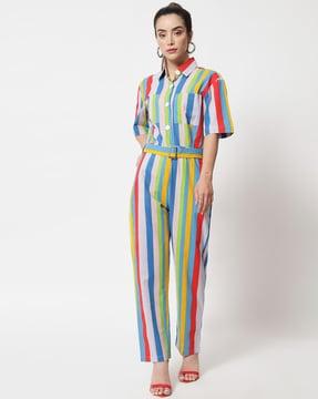 striped jumpsuit with patch pockets