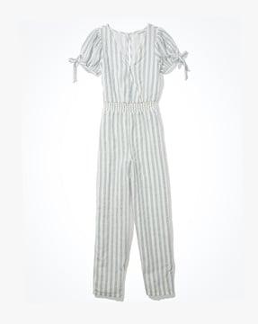 striped jumpsuit with surplice neckline