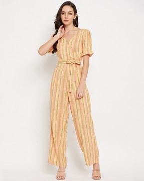 striped jumpsuit with surplice neckline