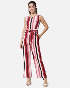 striped jumpsuit with tie-up waist