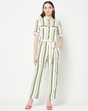 striped jumpsuit with tie-up waist