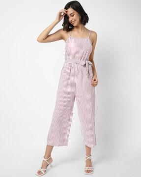 striped jumpsuit with tie-up