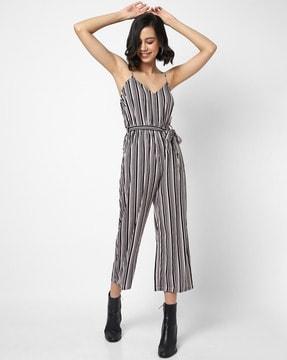striped jumpsuit with tie-up
