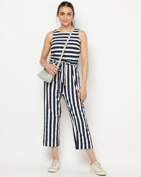 striped jumpsuit with tie-up