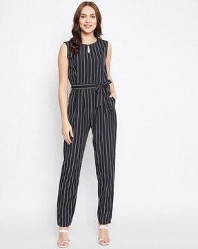 striped jumpsuit with tie-up