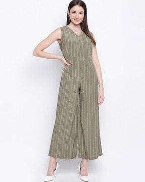 striped jumpsuit with v-neck