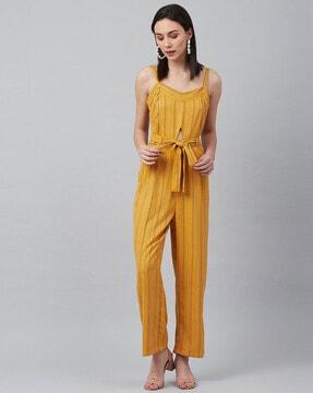 striped jumpsuit with waist tie-up