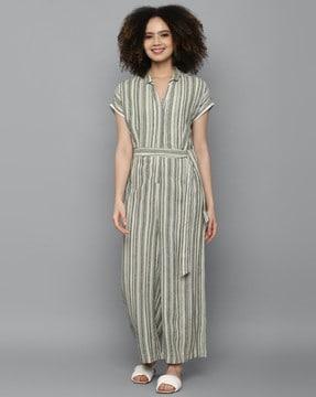 striped jumpsuit with waist tie-up