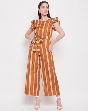 striped jumpsuit with waist tie-up