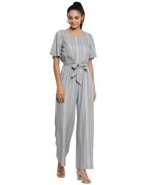 striped jumpsuit with waist tie-up