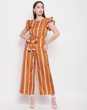 striped jumpsuit with waist tie-up