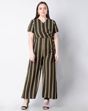 striped jumpsuit with waist tie-up