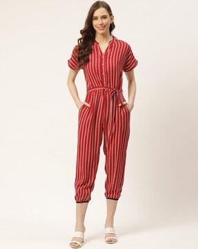 striped jumpsuit with waist tie-up