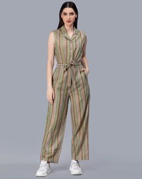 striped jumpsuit with waist tie-up