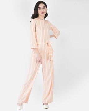 striped jumpsuit with waist tie up