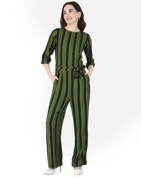 striped jumpsuit with waist tie up