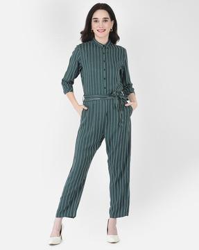 striped jumpsuit with waist tie up