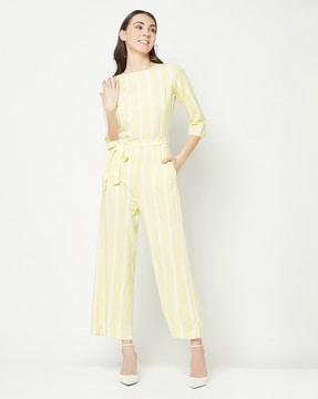 striped jumpsuit with waist tie-up