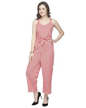 striped jumpsuit with waist tie-up