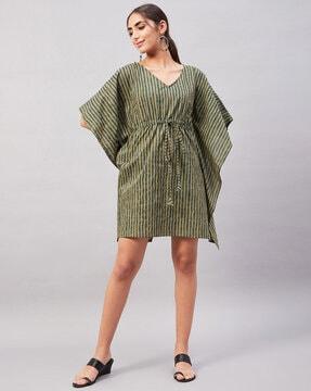 striped kaftan dress with waist tie-up