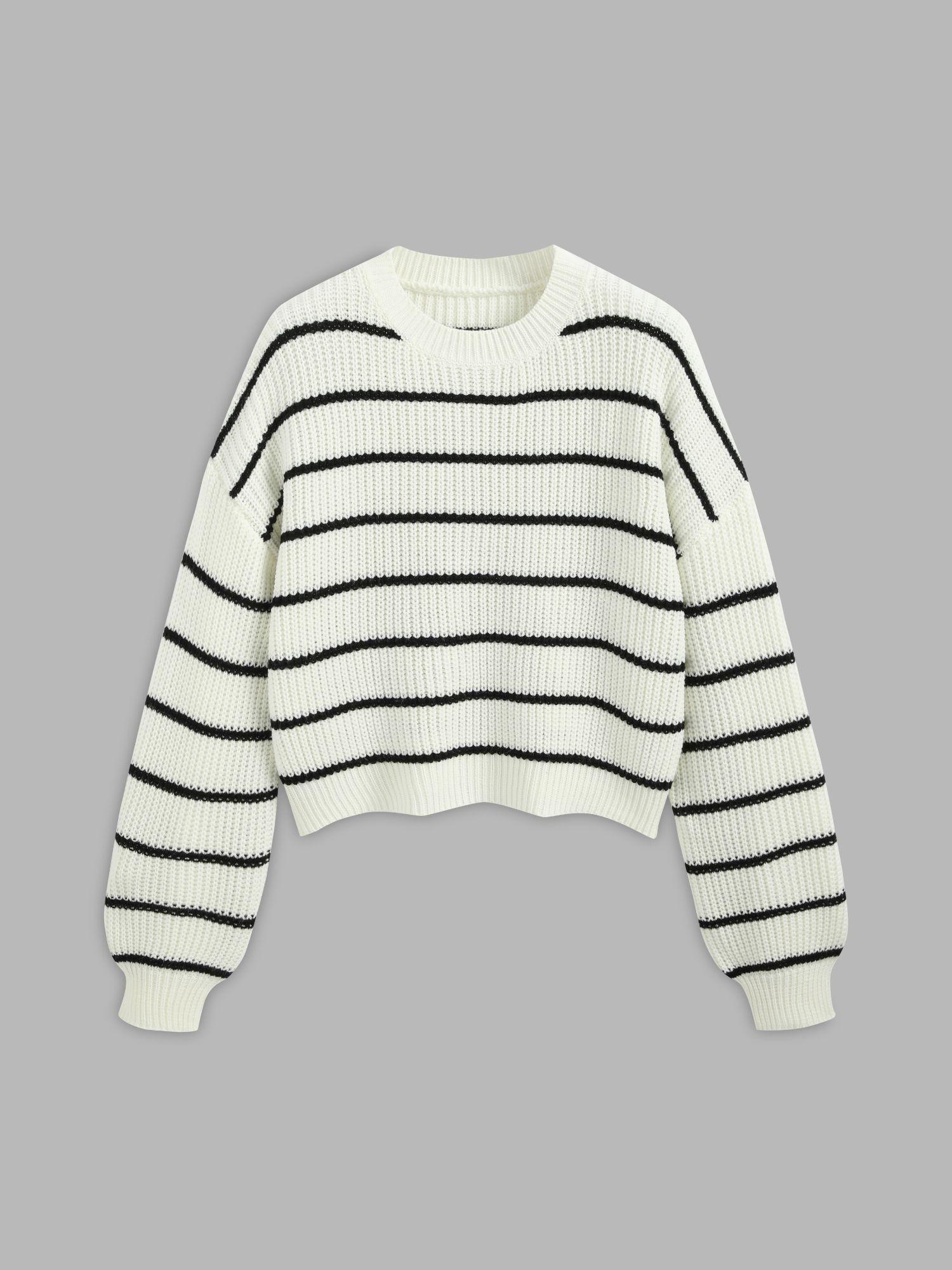 striped knit round neckline long sleeve top